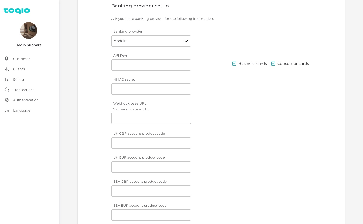 Railsbank card setup in the Admin portal