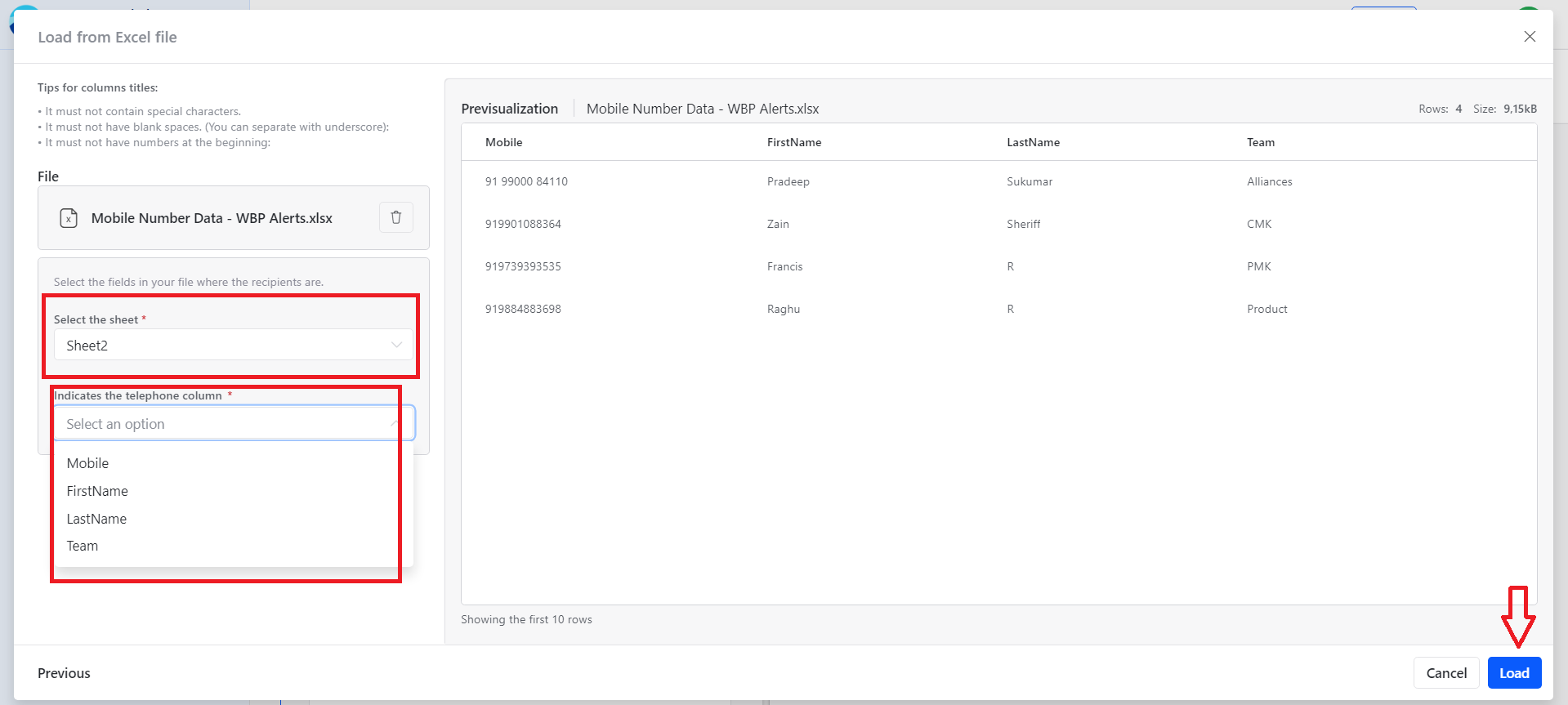 WhatsApp recipient data preview