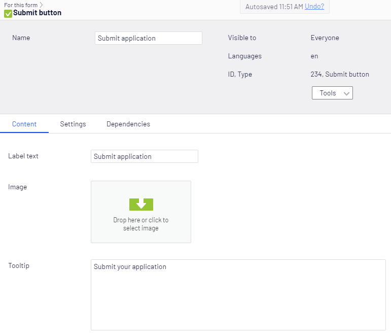 Screenshot of the Submit button element Content tab with Label text, Image, and Tooltip fields where editors configure the submit button appearance