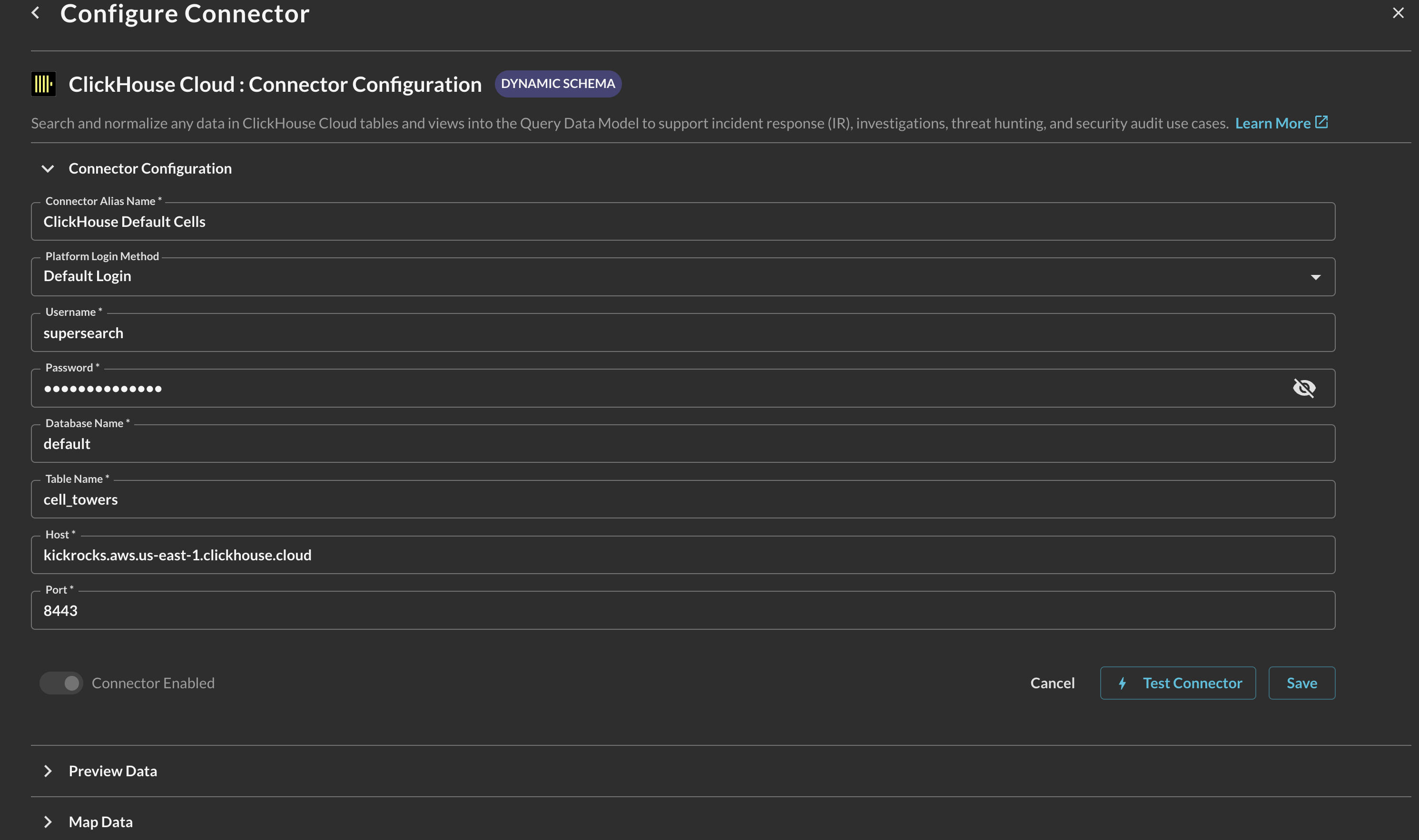 FIG. 5 - Entering the parameters for the ClickHouse Cloud Connector