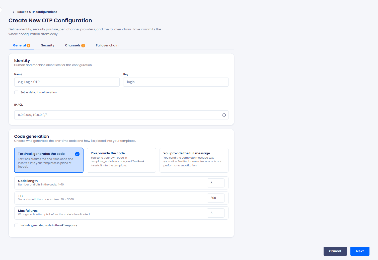 Screenshot of the Create New OTP Configuration page