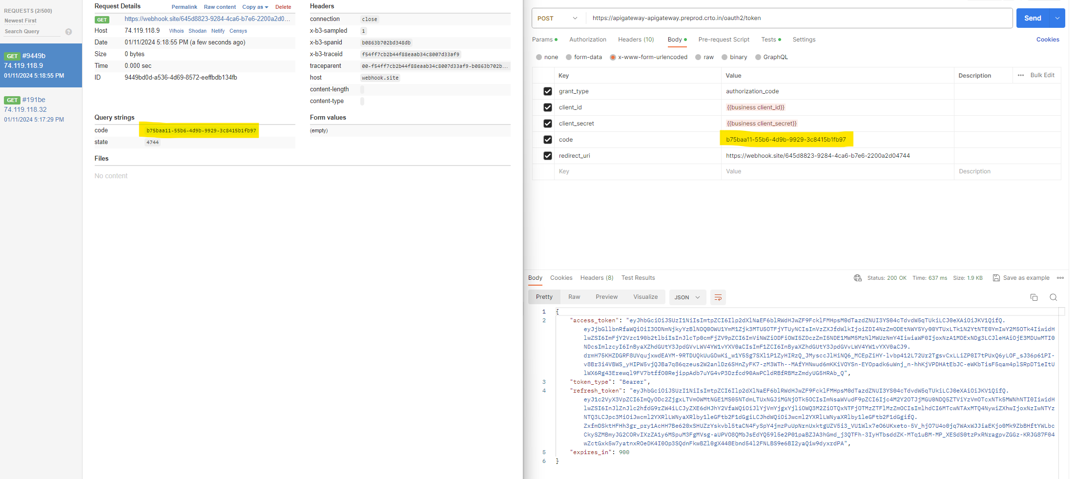 **Example**: On the right, after completing step 4.1 our callback URL receives the code. On the left a new POST authenticate call is made with the code  