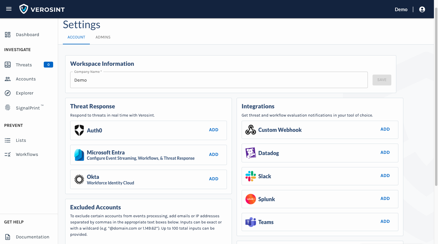 Integrate Microsoft Teams in Settings to get threat notifications