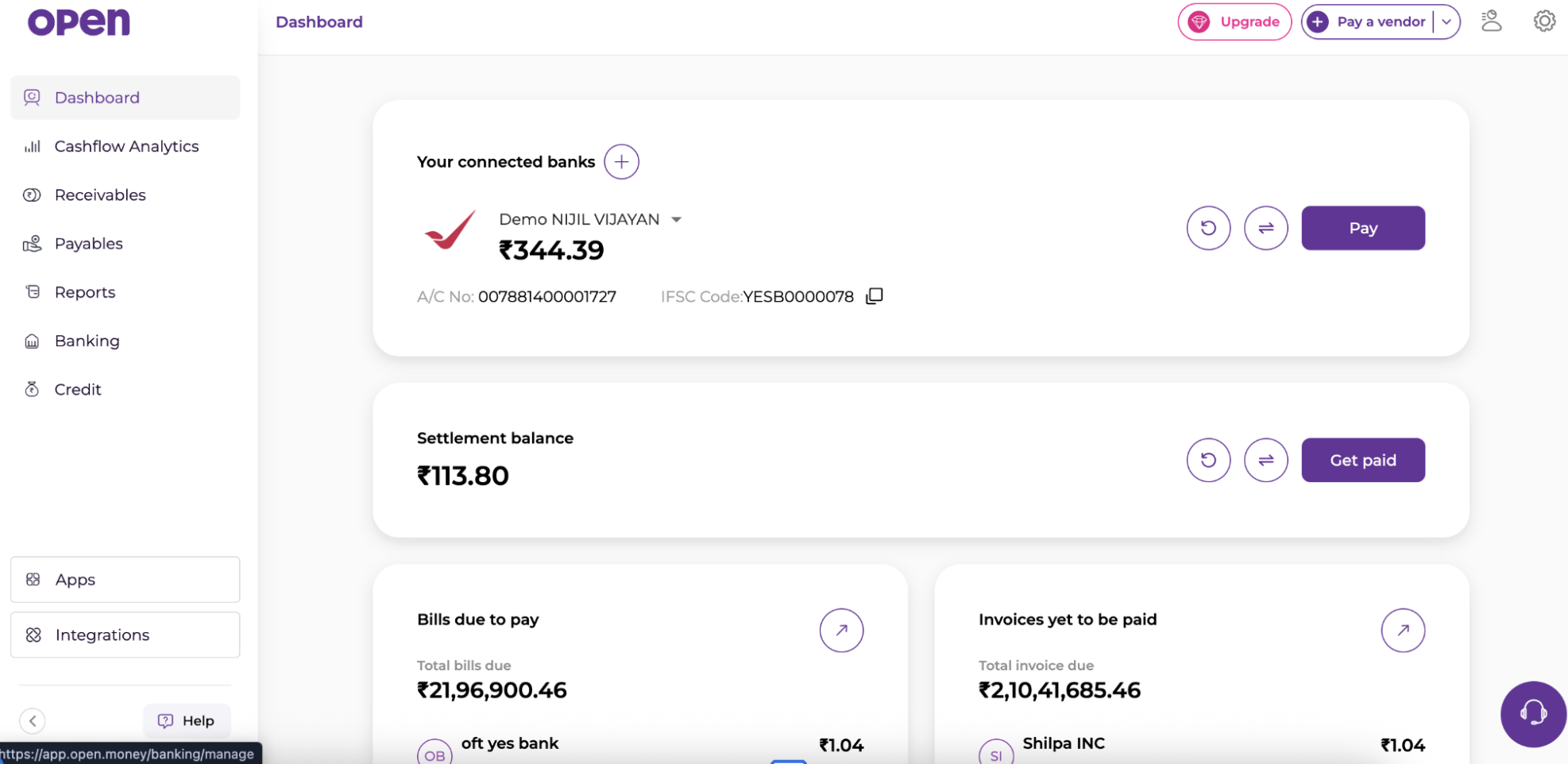 Open dashboard with connected banks