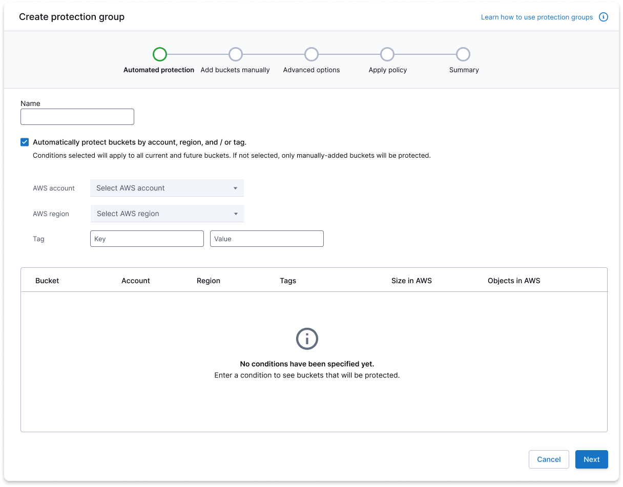 Create protection group for S3 buckets