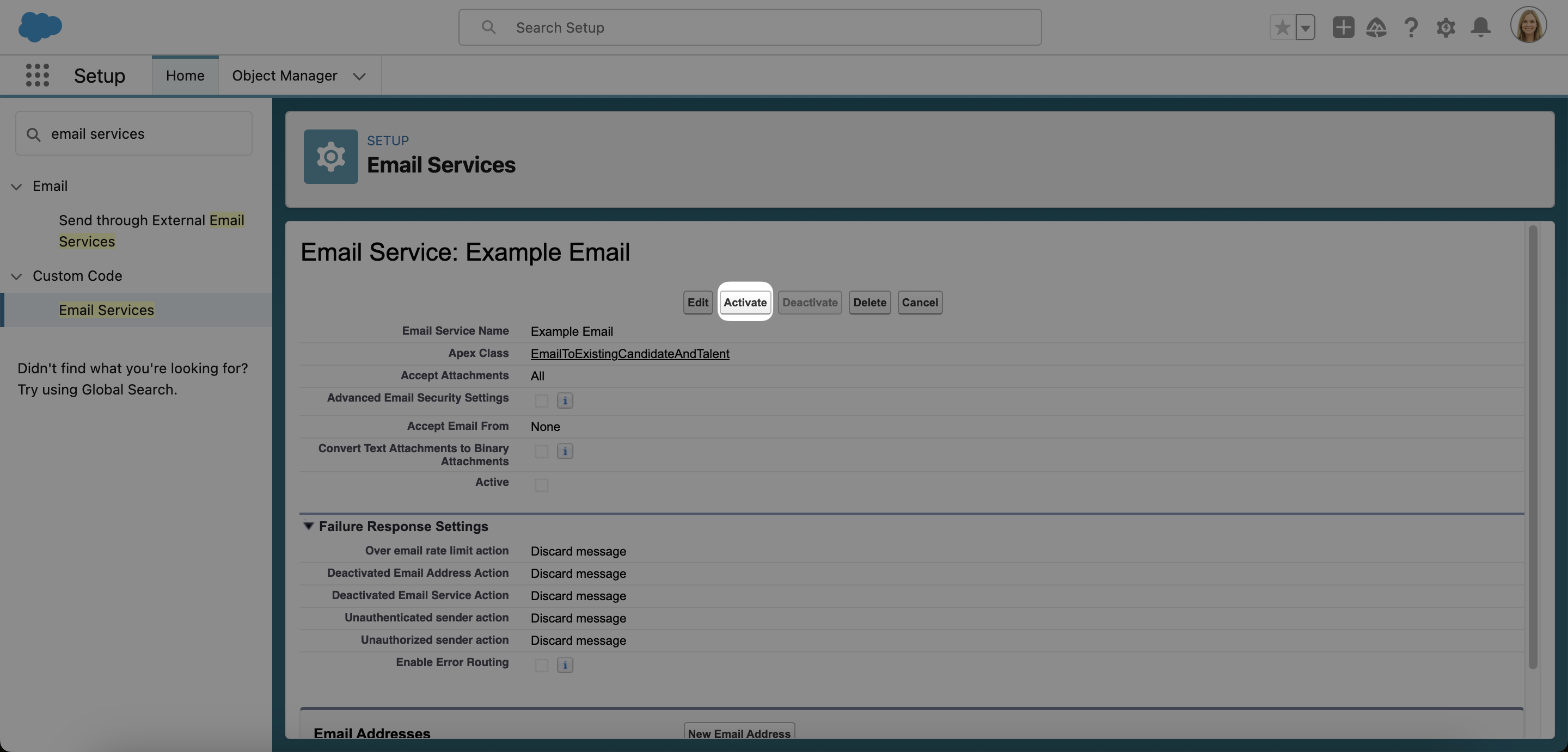 Activating an email service in Salesforce