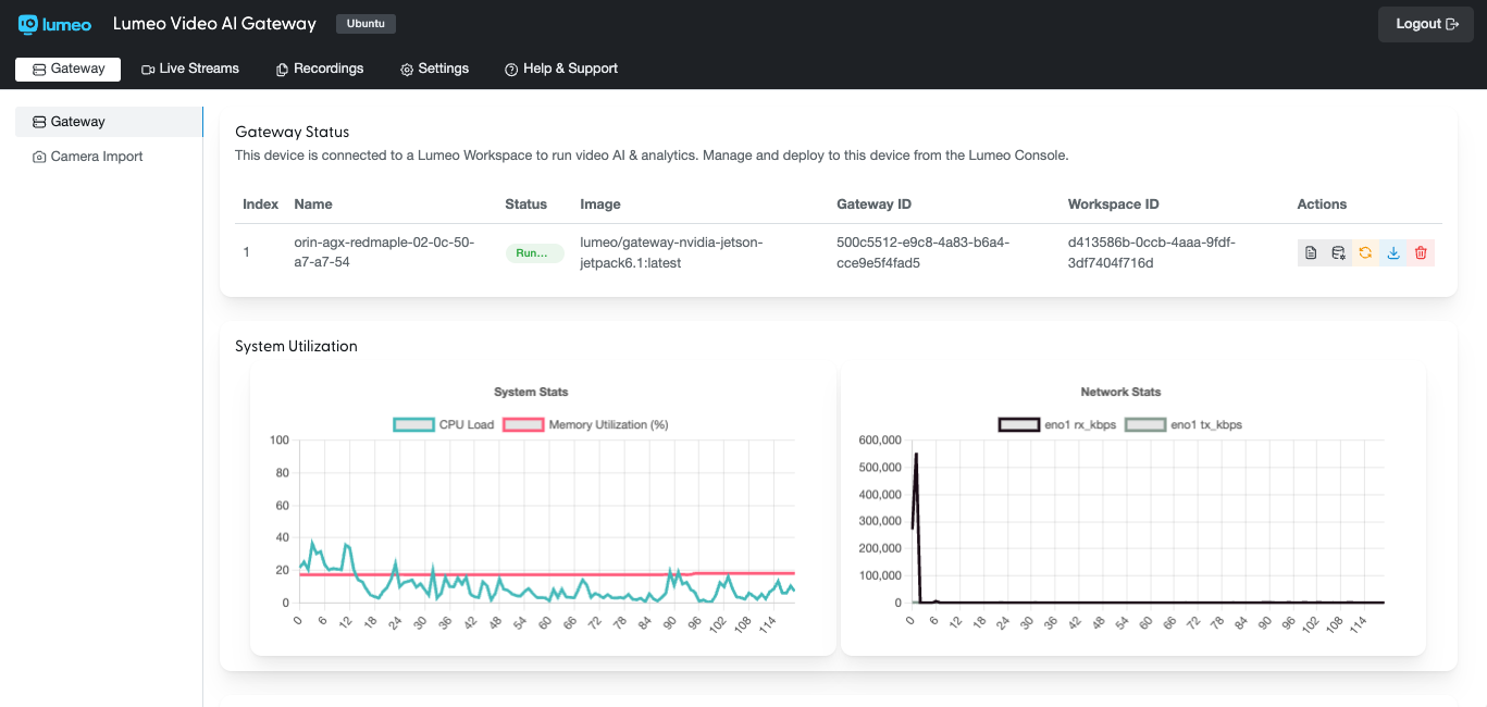 Connect to Lumeo Cloud. You will need your workspace ID and API Key.