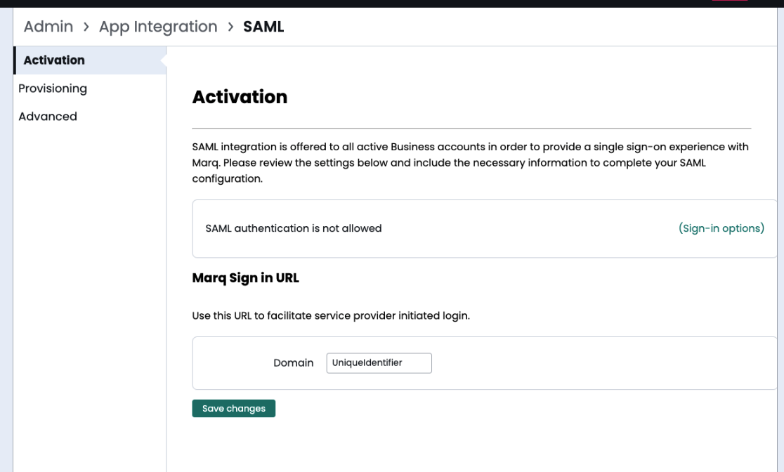 SAML Settings within Marq Admin