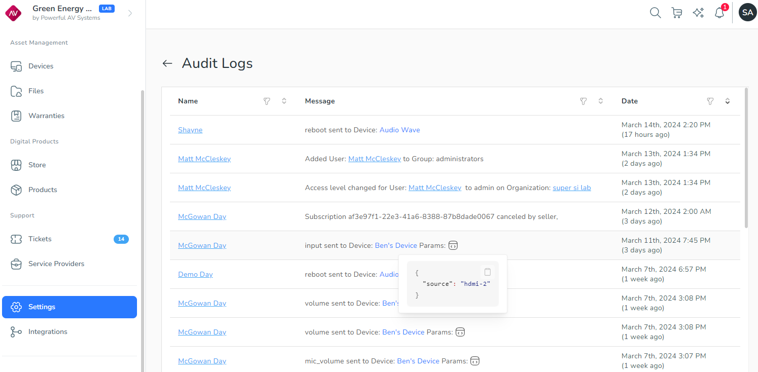 Audit logs page.