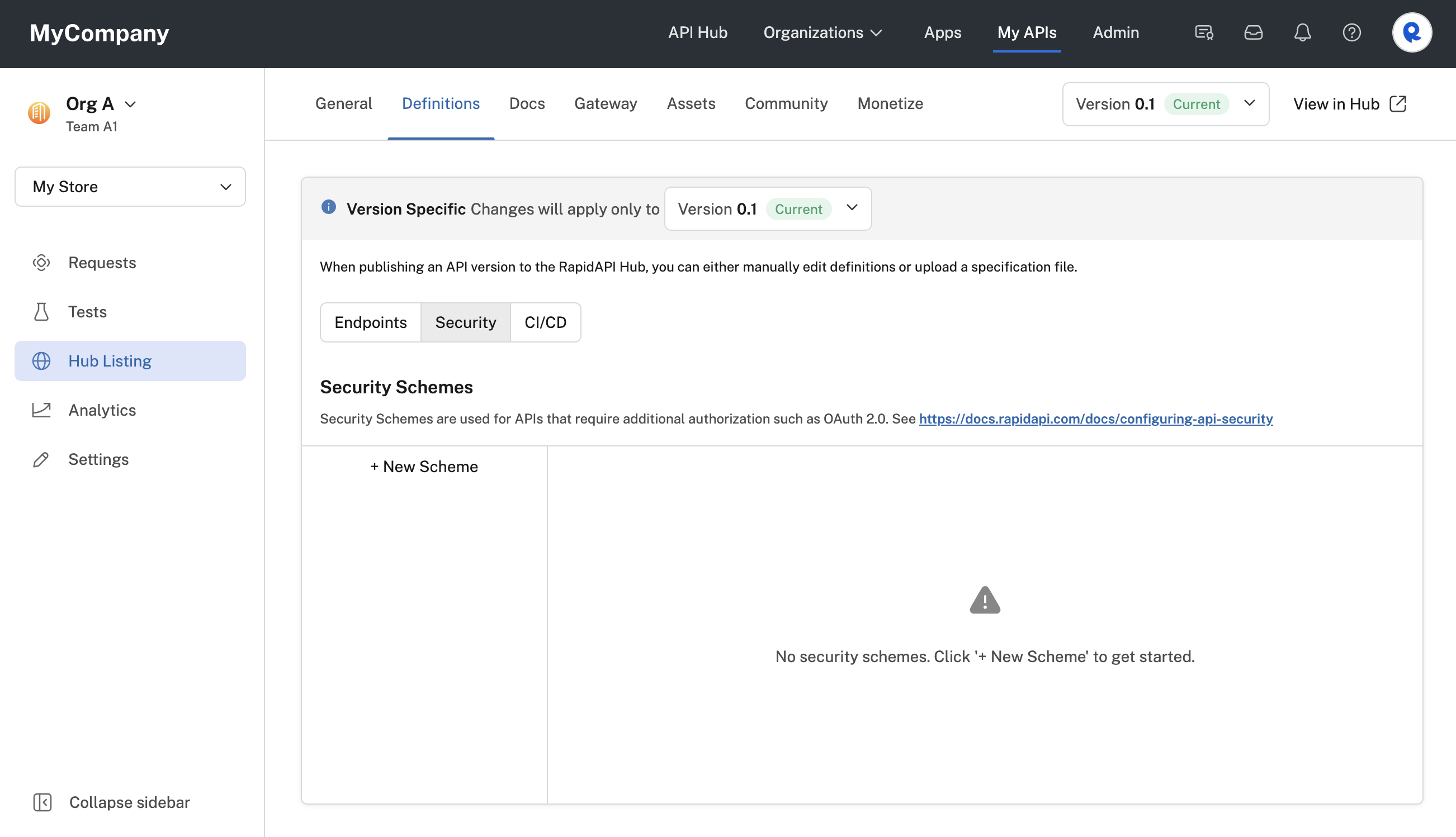 Authorization options for APIs listed on the Hub.