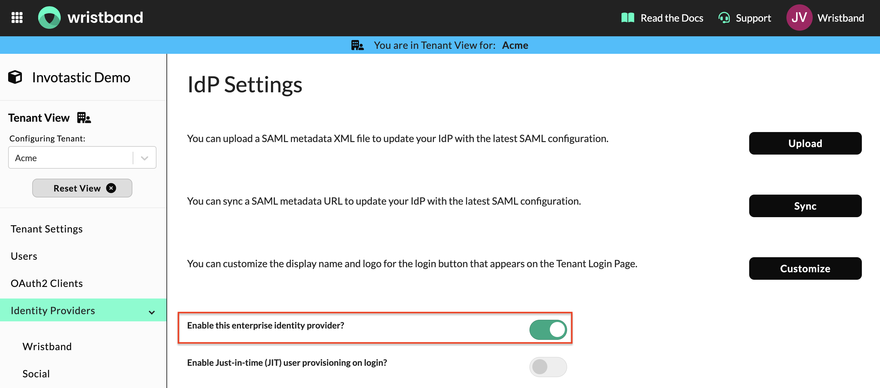 Wristband: IdP settings page with Enable enterprise identity provider toggle