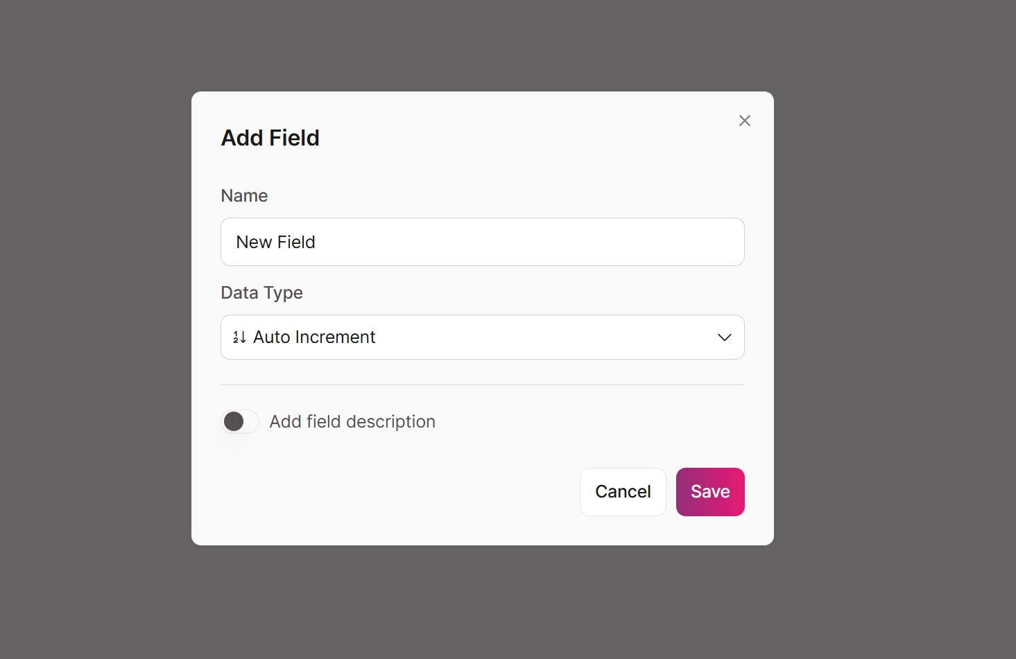 Auto Increment field settings