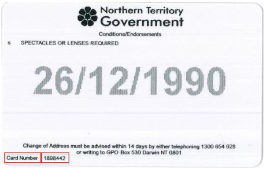 Northern Territory Driver Licence - pre 1 November 2020 sample - back