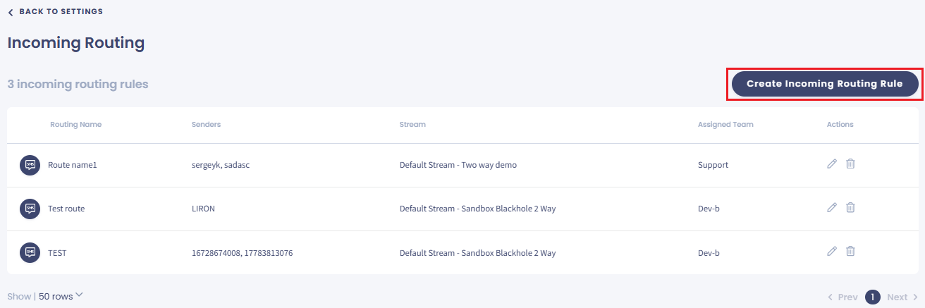 Screenshot of the Incoming routing rules table with the **Create Incoming Routing Rule** button