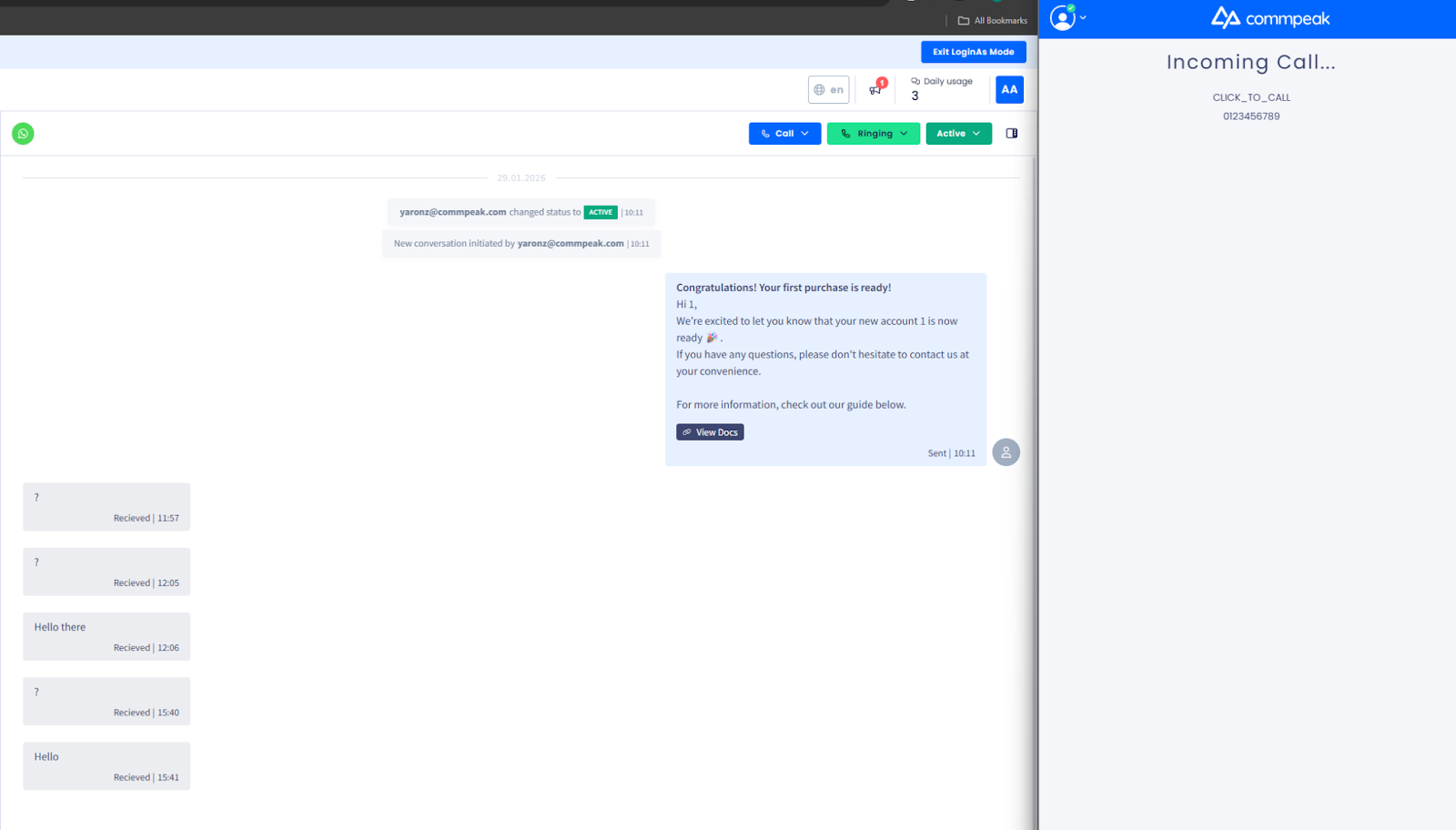 Screenshot of WhatsApp Call button changed to Ringing