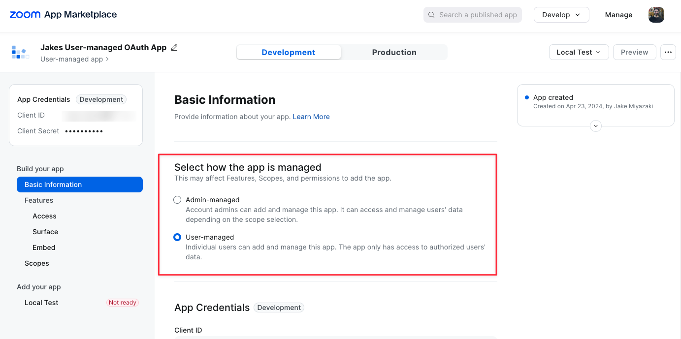 Select how the app is managed: User vs Admin-managed