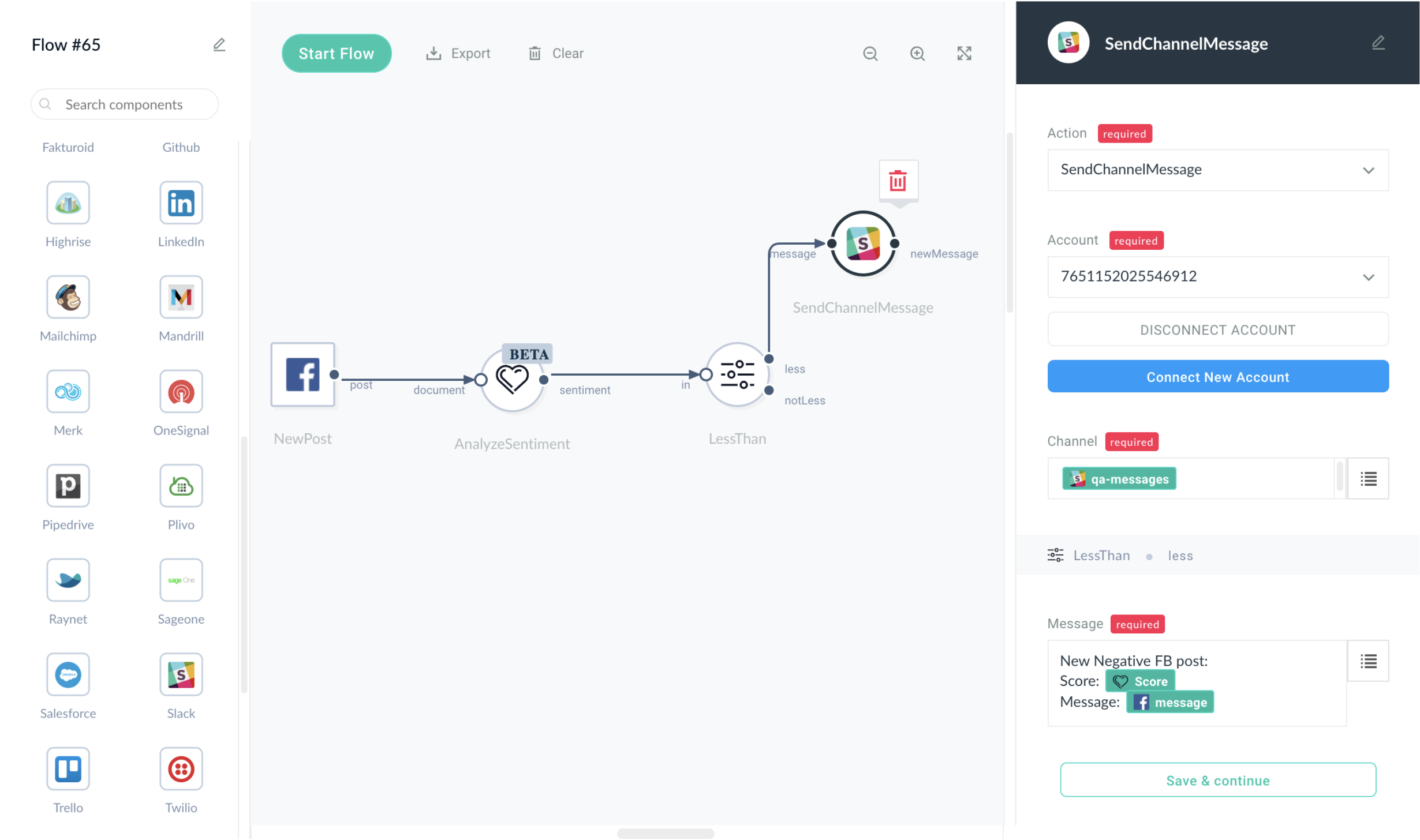 Example of a Sentiment Analyse Flow, with alert on Slack.