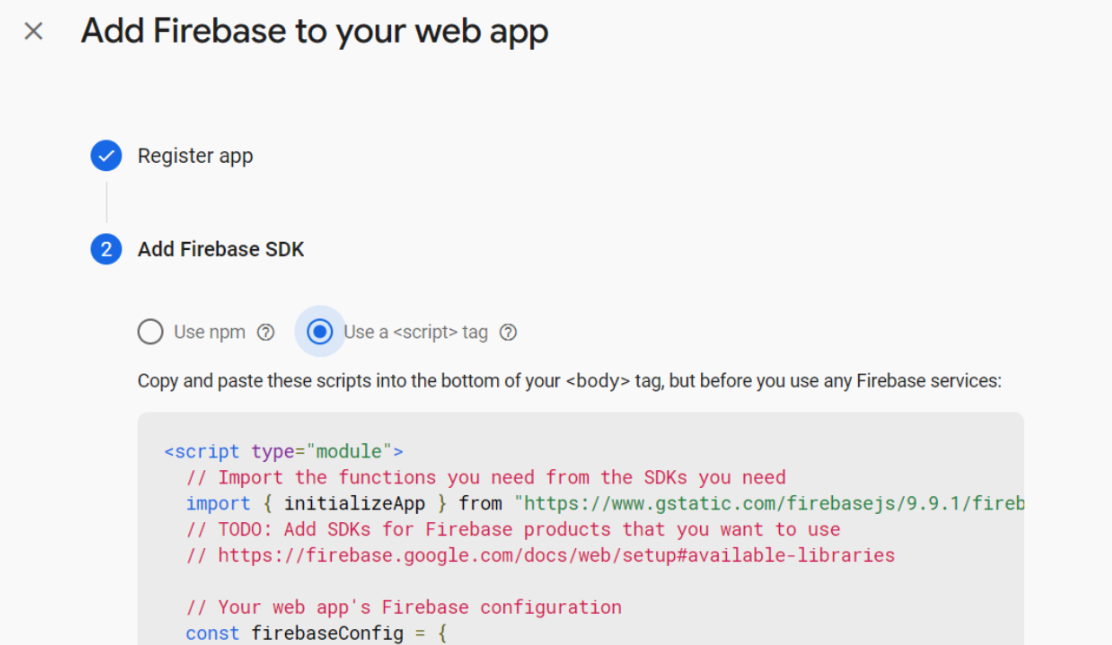 Figure 22. Add Firebase to your web app page showing script options.