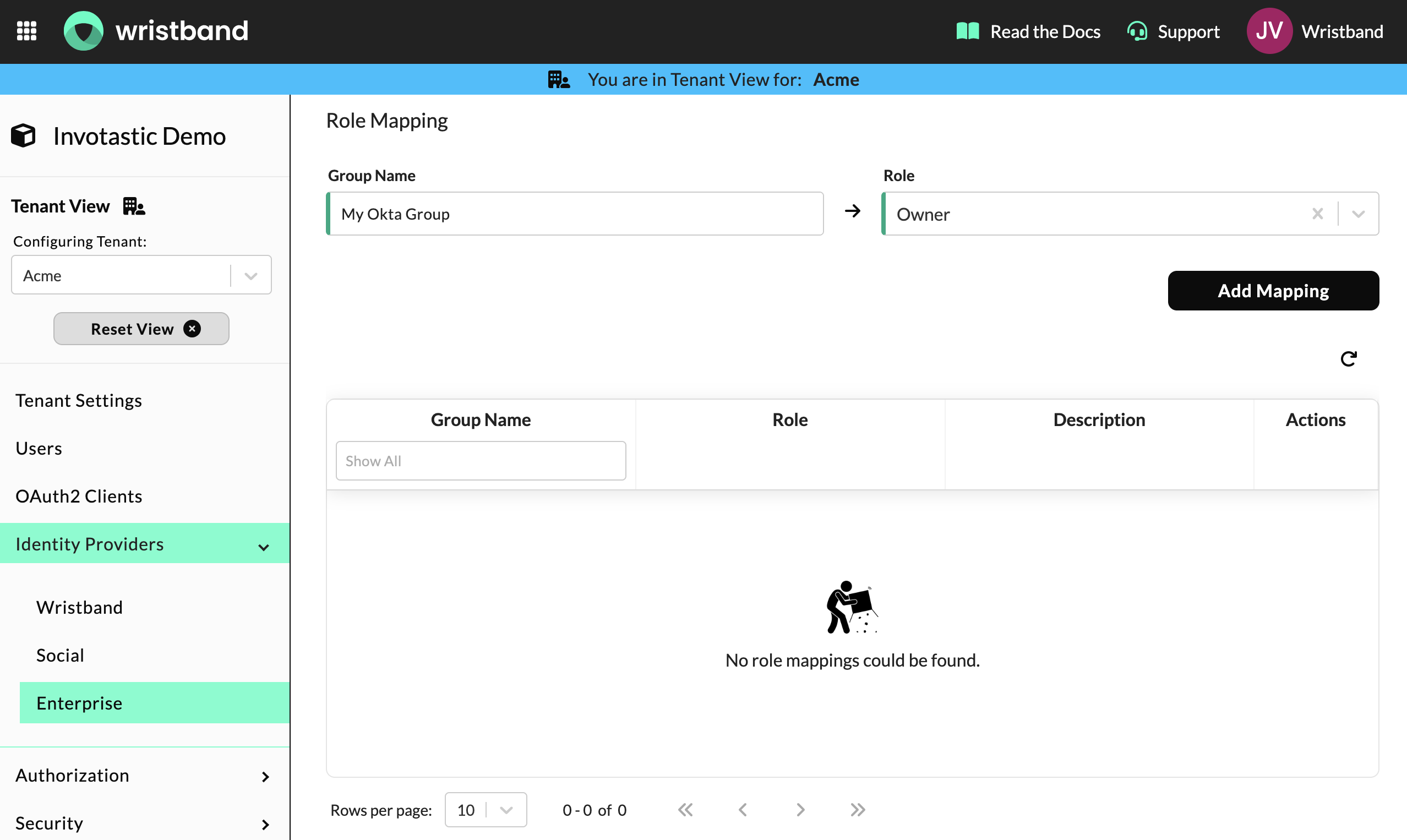 Wristband: Role Mapping section showing a group name mapped to a Wristband role
