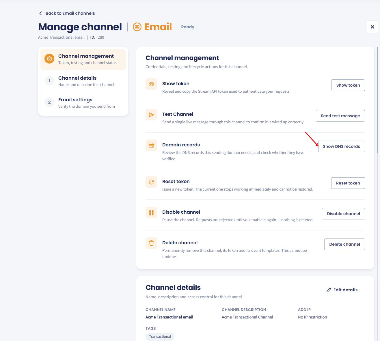 Screenshot of the Channel management section showing the Domain records action and the Show DNS records button