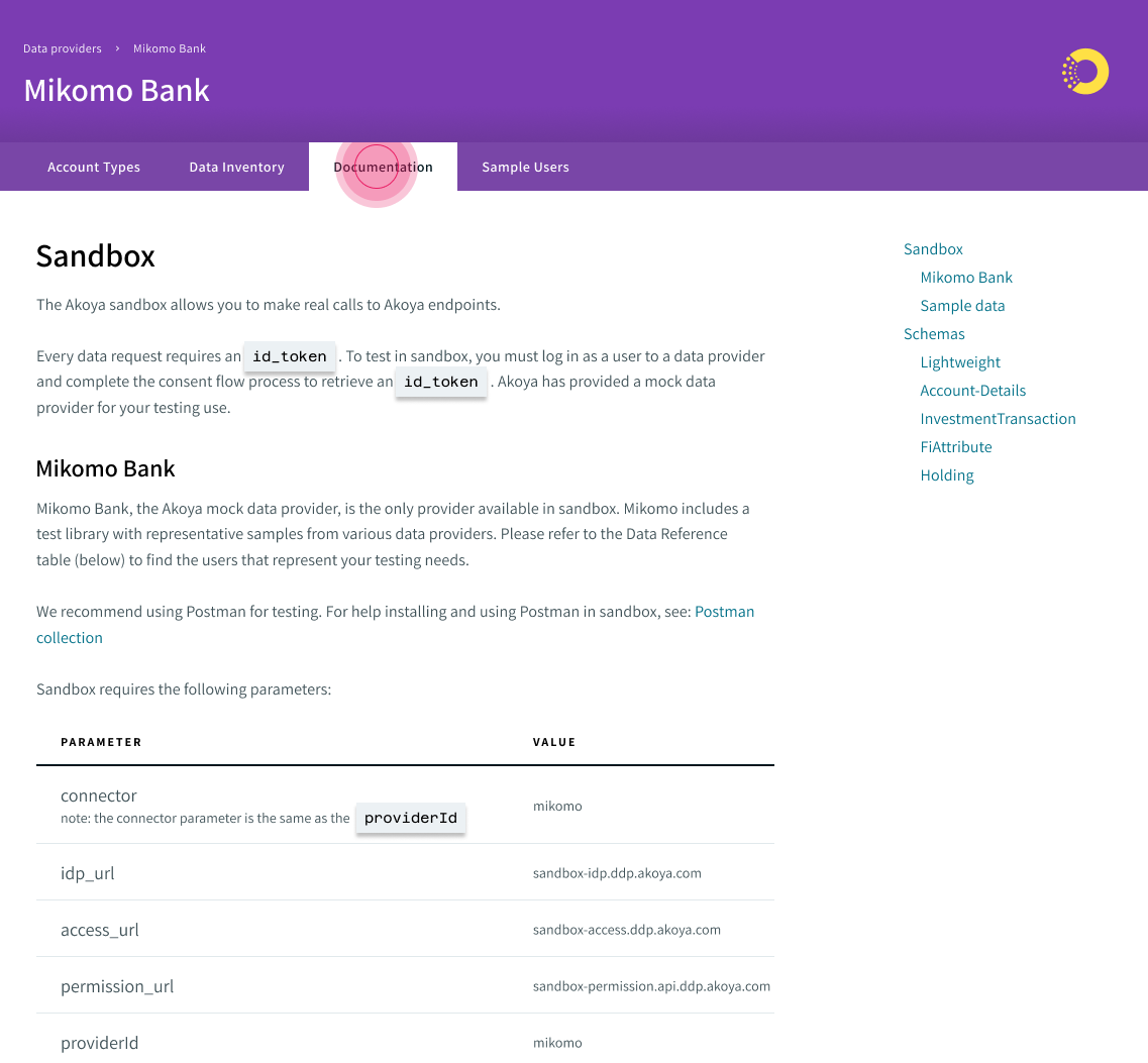 API documentation specifics for Mikomo Bank