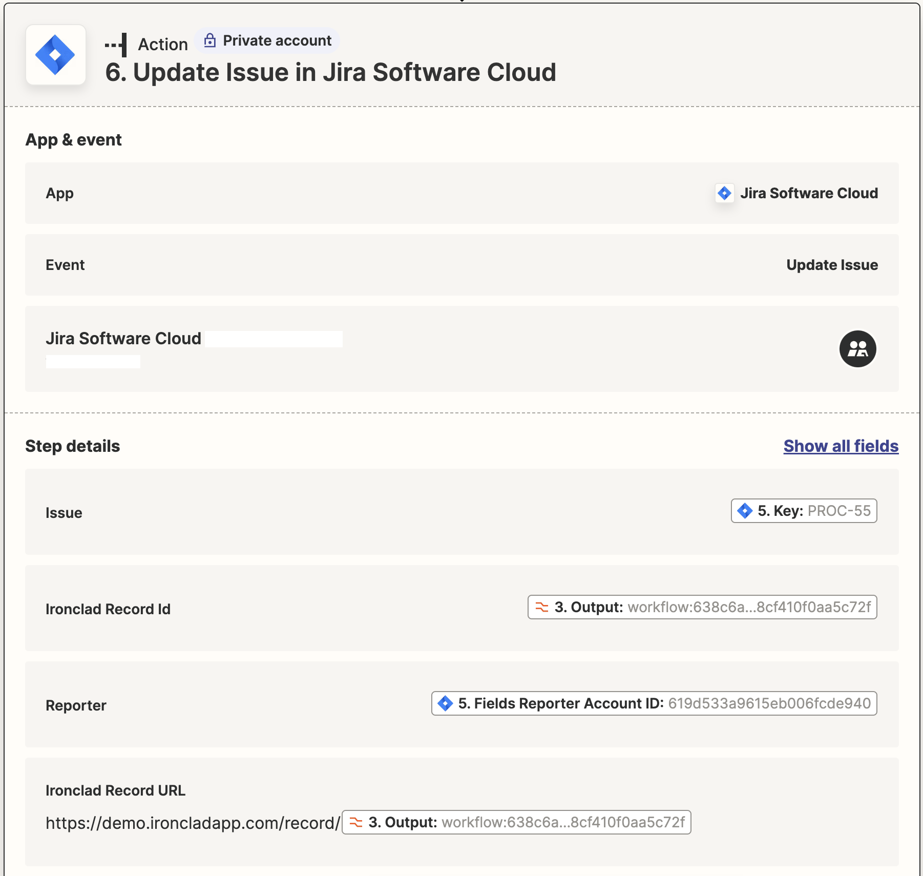 Update Jira issue with record data.