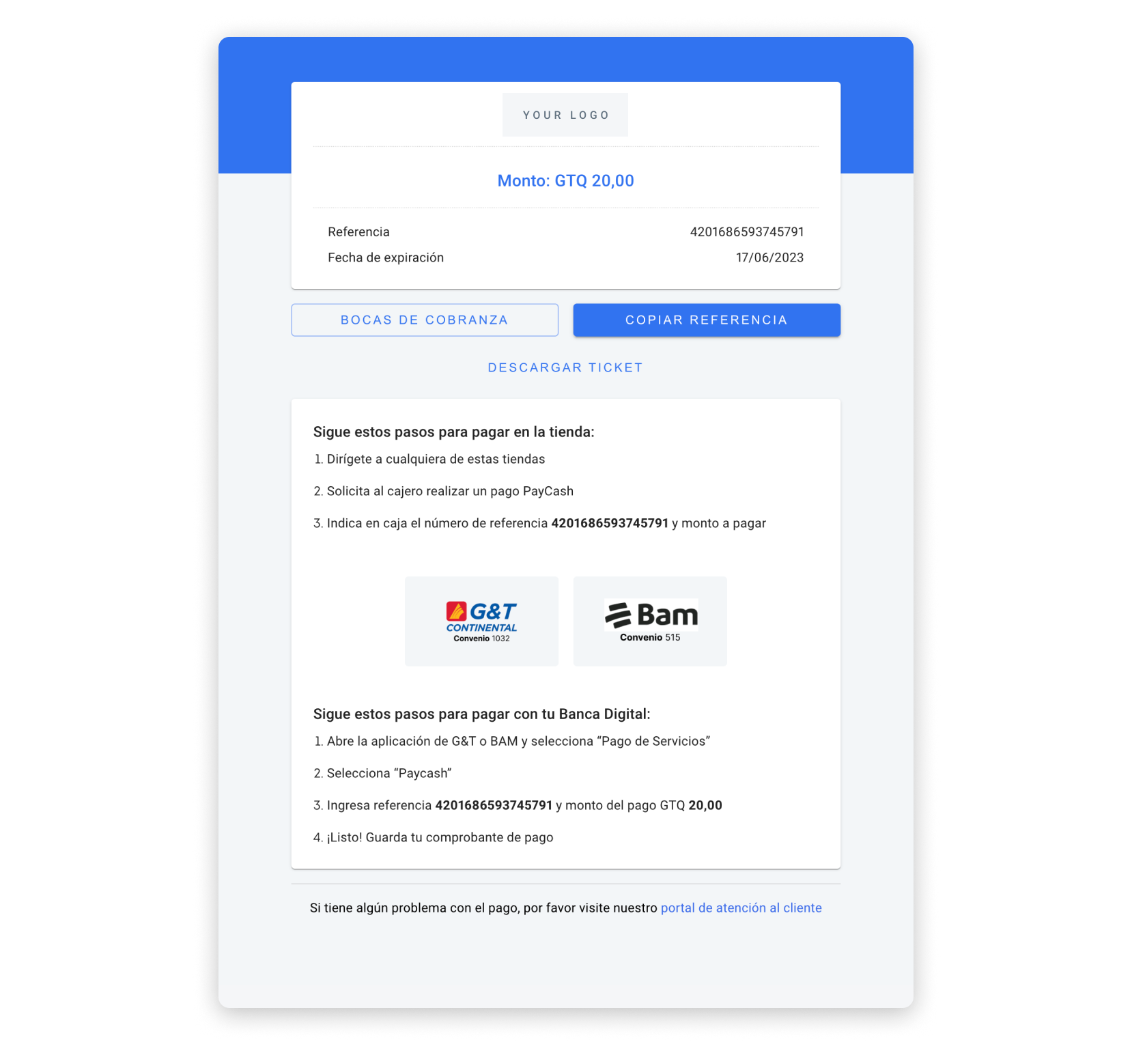 PayCash UI built with the information in the example above.
