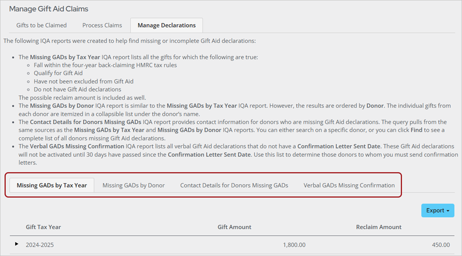 Manage Gift Aid Claims window with emphasis on the tabs