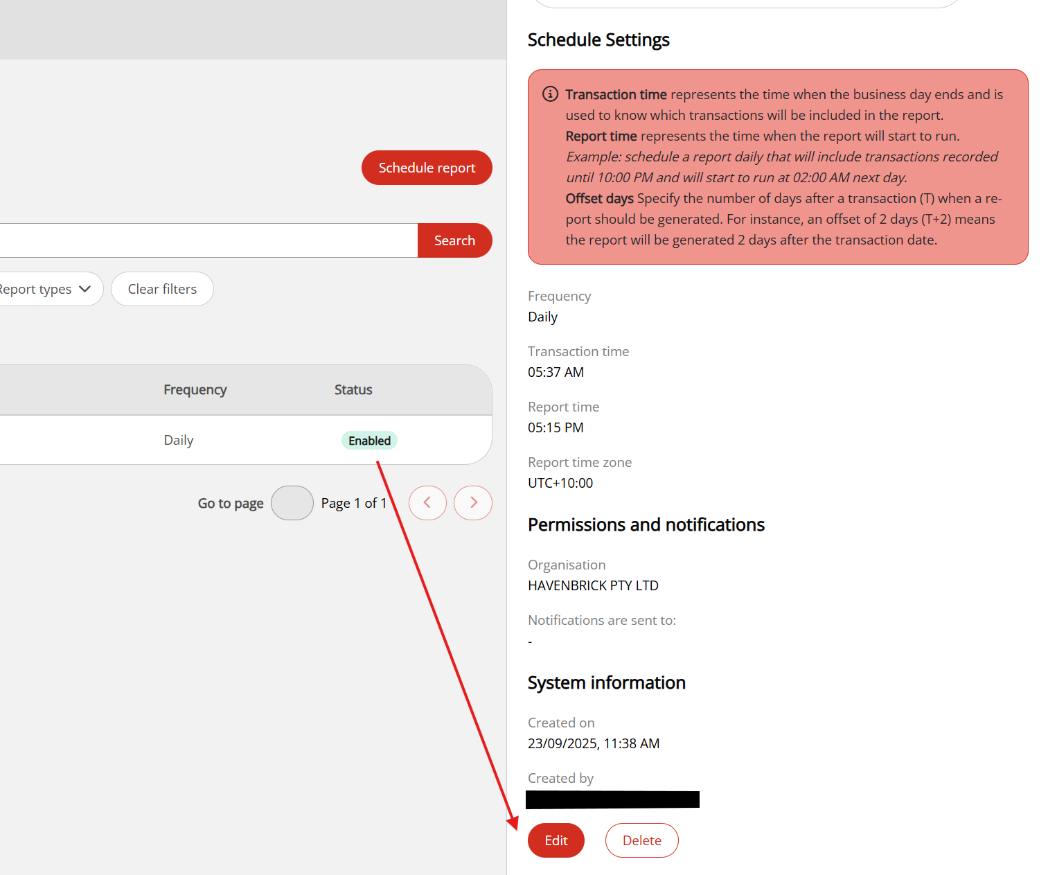 The scheduled report details showing the enabled report with the Edit button available at the bottom of the report details panel.
