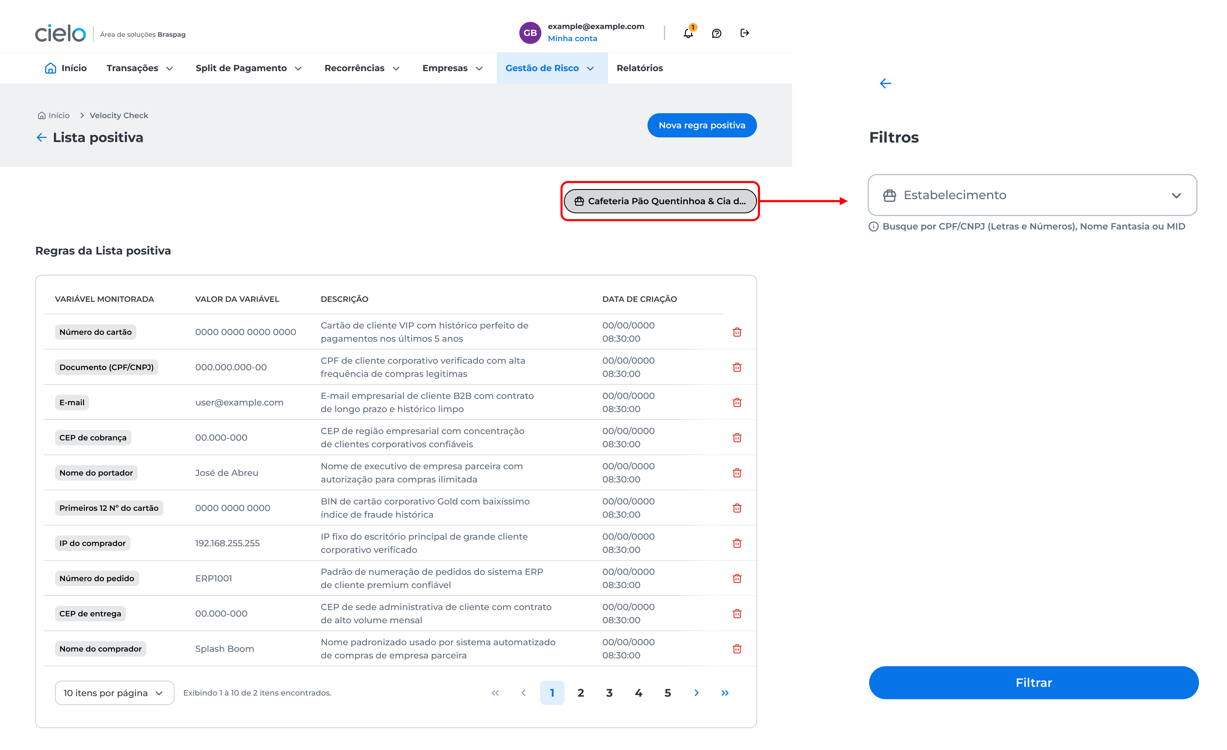 visualização de regras da lista positiva