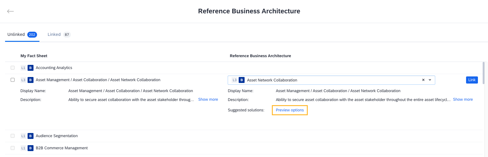 Previewing Suggested SAP Solutions from the Reference Business Architecture Page