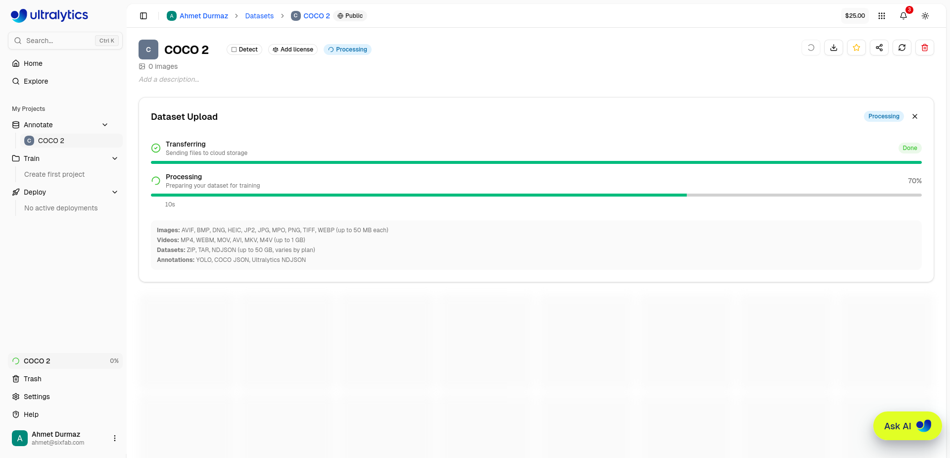 Dataset upload progress on Ultralytics Platform showing the transfer stage complete and the processing stage at 70 percent.