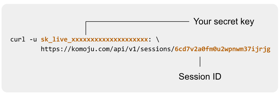 curl -u sk_live_xxxxxxxxxxxxxxxxxxxx: https://komoju.com/api/v1/sessions/6cd7v2a0fm0u2wpnwm37ijrjg
