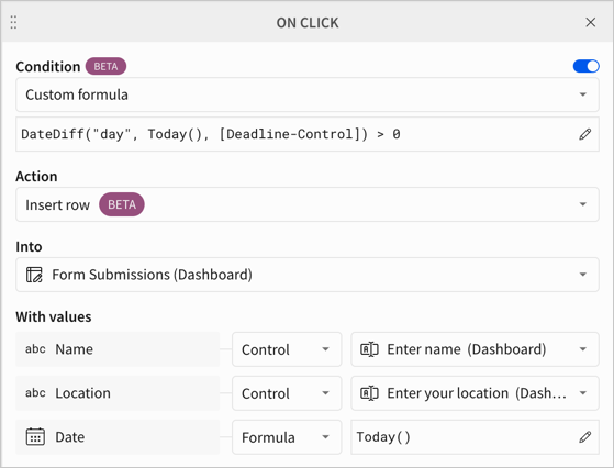 Action configuration modal showing a condition defined by a custom formula. The remaining values configure the action to insert a row in a table using the values of text controls.