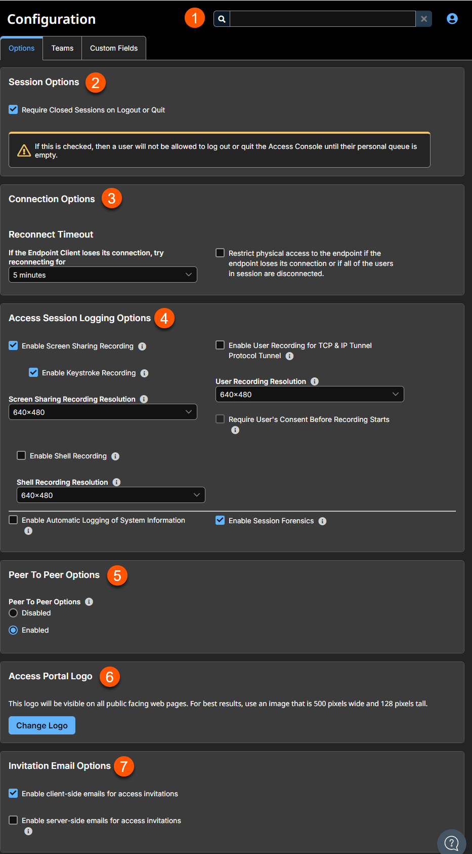An image of the "Configuration" section in the BeyondTrust Privileged Remote Access interface, under the "Options" tab. It includes settings for session behavior, connection timeouts, access session logging (such as screen sharing and shell recording), peer-to-peer server usage, access portal logo customization, and invitation email preferences. Various checkboxes, dropdowns, and radio buttons are used to configure these options.