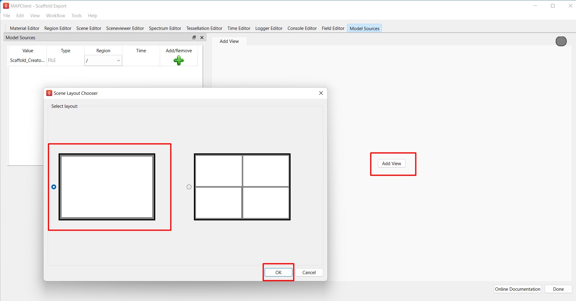 Figure 8. Use **Add View** to select a view layout for visualization.