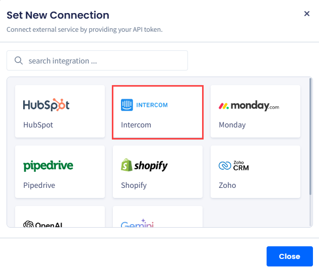 Screenshot of the Intercom selection