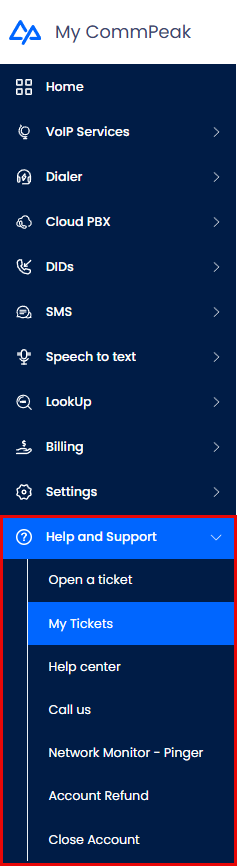 Screenshot of the expanded Help and Support menu in the CommPeak Portal