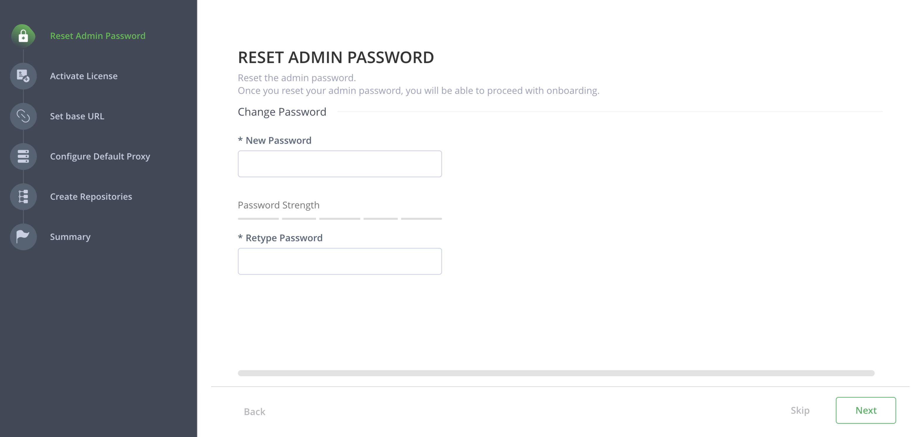 Onboarding wizard admin password reset screen with new password field