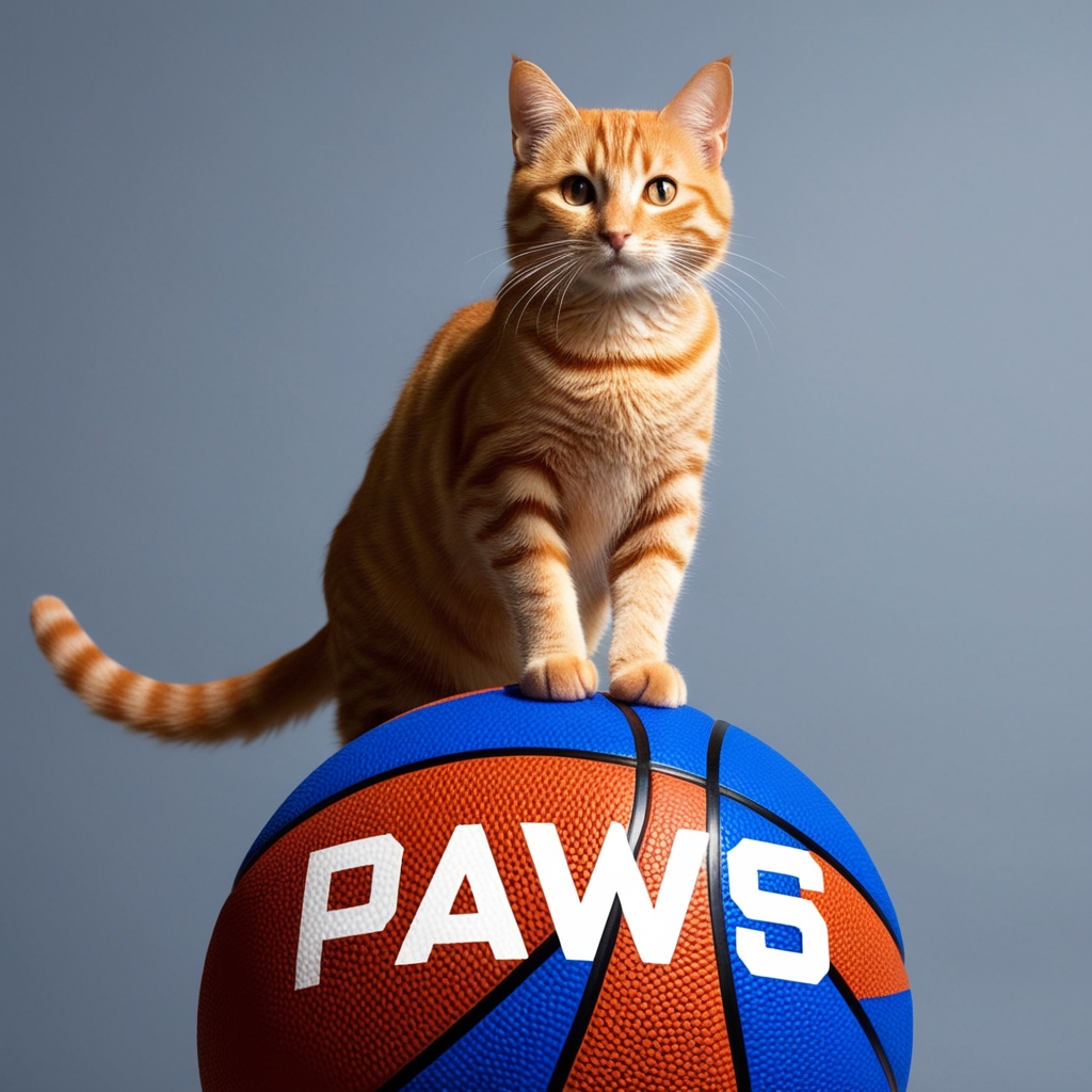 Leonardo Phoenix with the prompt "an orange cat standing on a blue basketball with the text PAWS"