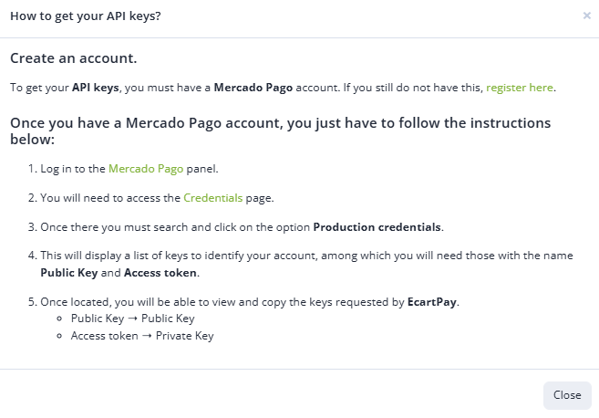 Image 2. Steps to obtain the Keys from Mercado Pago.