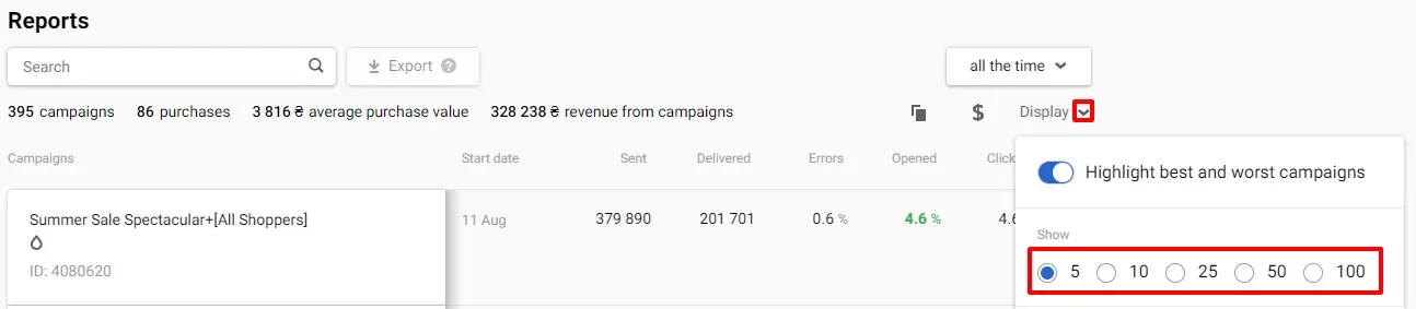 Number of reports per page