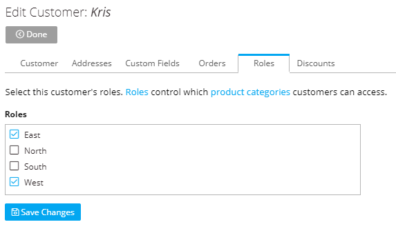 An example of Role selection on Edit Customer settings