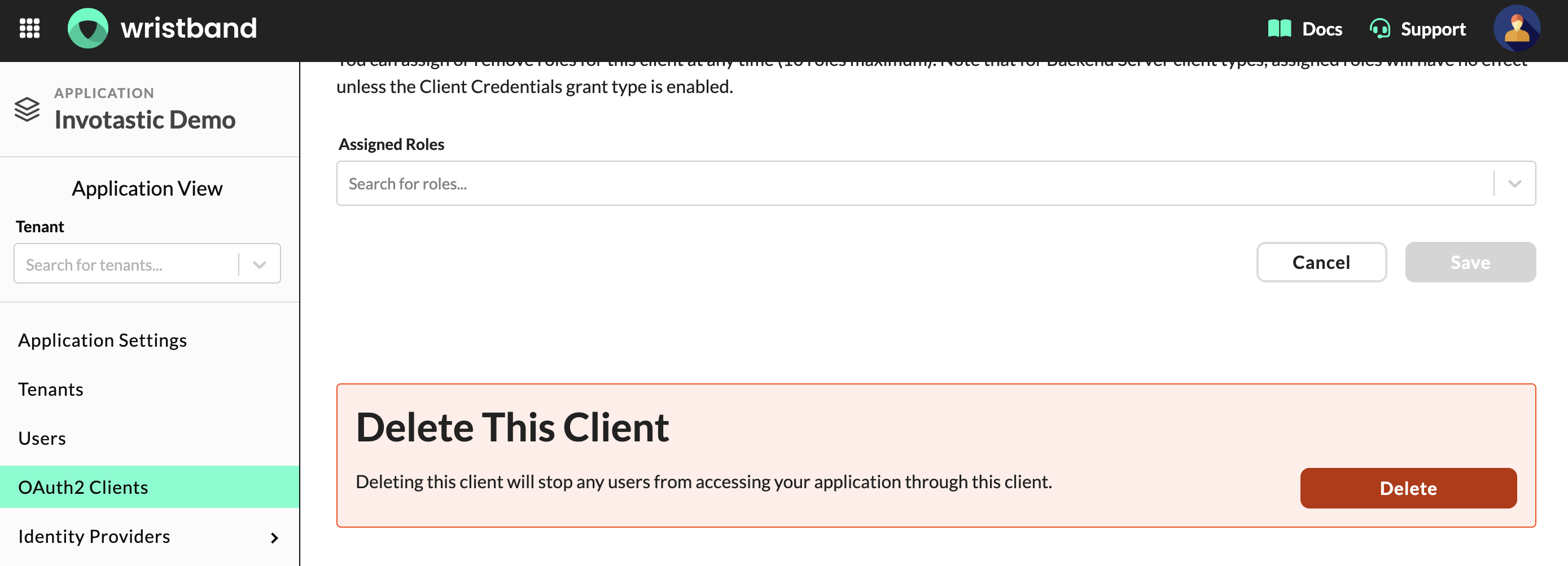 Delete This Client section on the Edit Client page with a warning and Delete button.