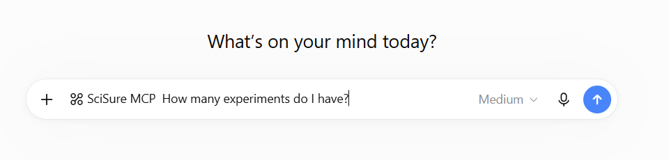 ChatGPT prompt with SciSure MCP active and a question about experiments