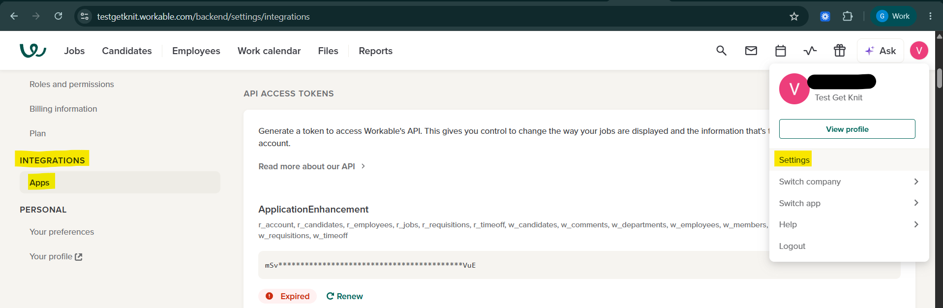 Workable Setting Page