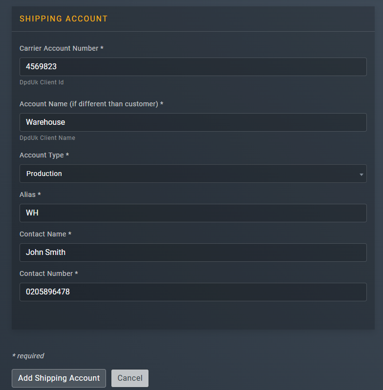 Specifying shipping account details