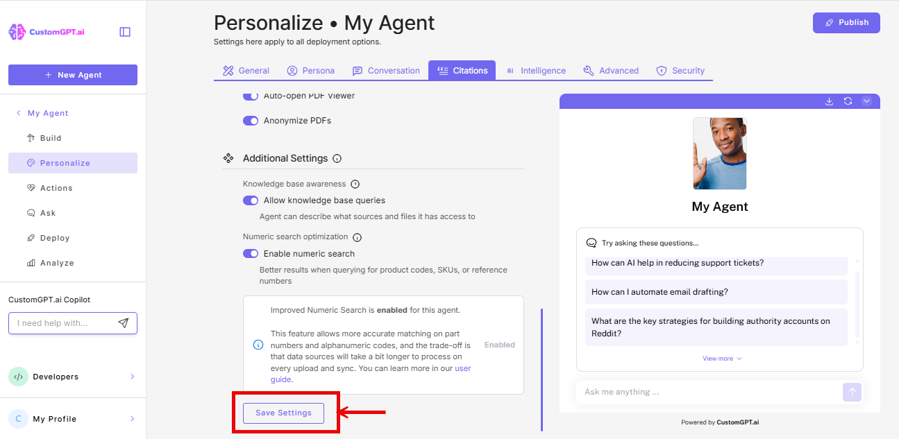 save settings button on citations tab