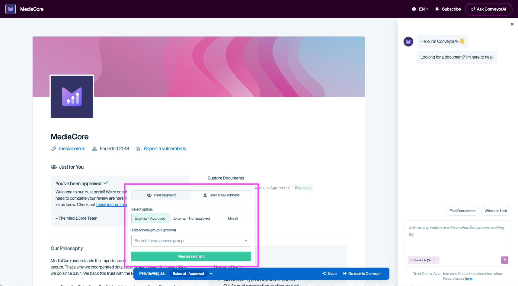 Trust Center page showing the preview mode selector with options to choose a viewer type. The panel includes tabs for ‘User segment’ and ‘User email address,’ buttons for ‘External – Approved,’ ‘External – Not approved,’ and ‘Myself,’ an optional ‘Add access group’ dropdown labeled ‘Search for an access group,’ and a green button labeled ‘View as segment.’ ConveyorAI chat panel appears on the right.