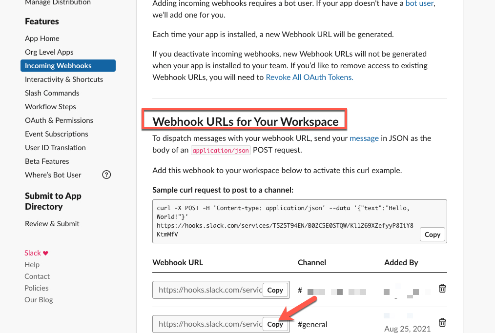 Copy the Webhook URL from Slack